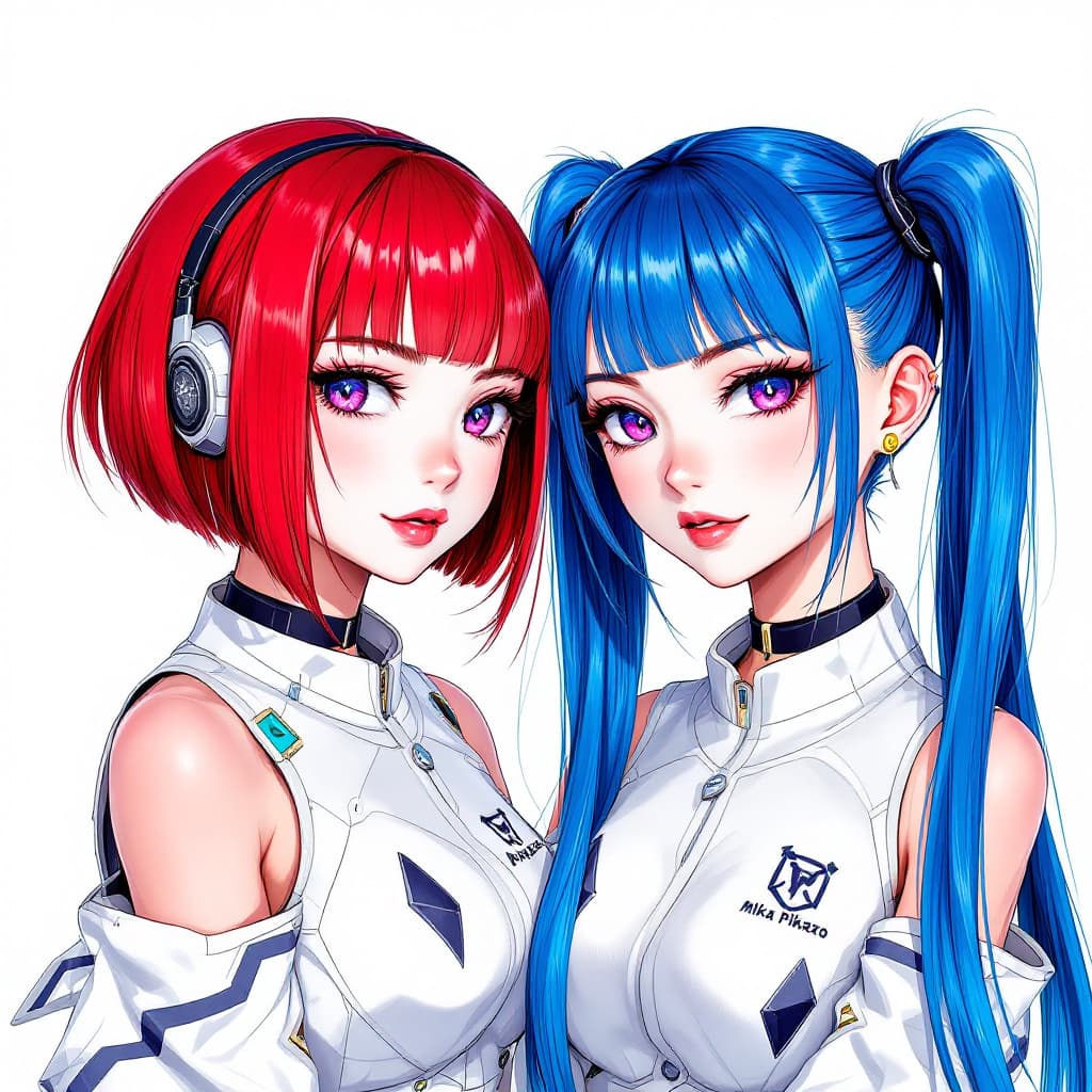 AI generated: by mika pikazo, bright eyes, 2cybergirls, with white skin, red bobcut and one with long blue ponytai...