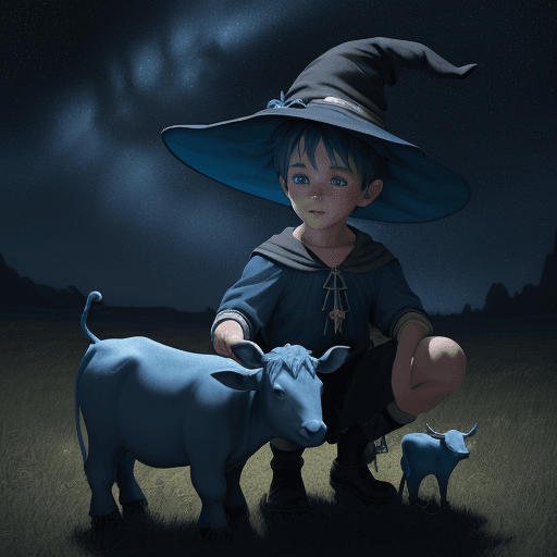 AI generated: Children’s drawing of a cute blue boy witch with a cute blue calf traveling the starry sky, dramatic...