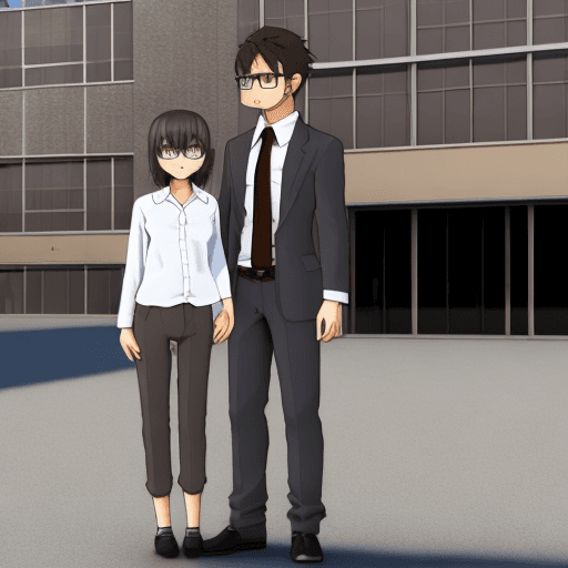 AI generated: A 3D render anime-style medium shot of a couple standing outside. The boy, aged 22, is wearing a gre...