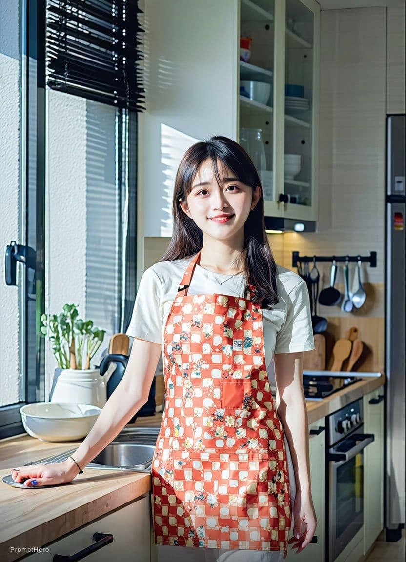 AI generated: A woman in a modern kitchen wearing only a sexy apron and sexy flat sandals