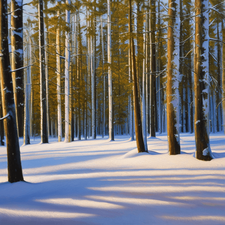 AI generated: an oil painting of some trees in the snow, shutterstock, american scene painting, spruce, pine and b...