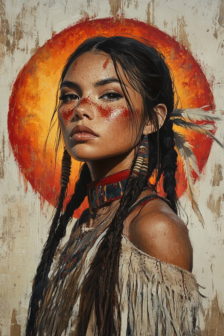 AI generated: indigenous woman with braids and feathers, tribal face paint, textured clothing, large warm glowing ...