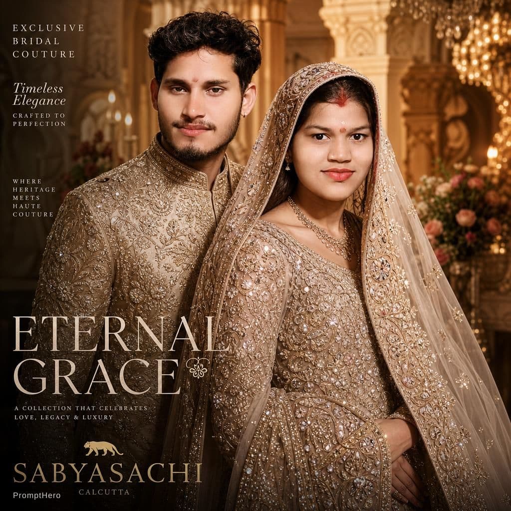 AI generated: Luxury haute couture bridal fashion campaign inspired by elite Vogue, Dior, Sabyasachi, Elie Saab, a...