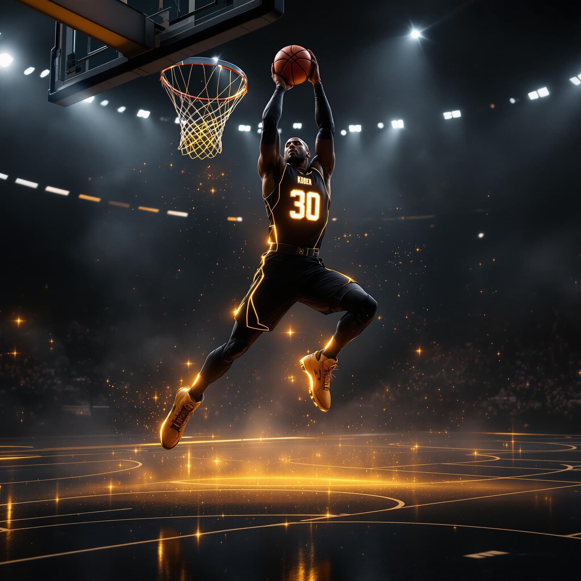 AI generated: A BASKETBALLER IN A BLACK TIGHT SUPERHERO SUIT WITH A GLOWING GOLDEN NUMBER 30 LIKE ON A BASKETBALL ...
