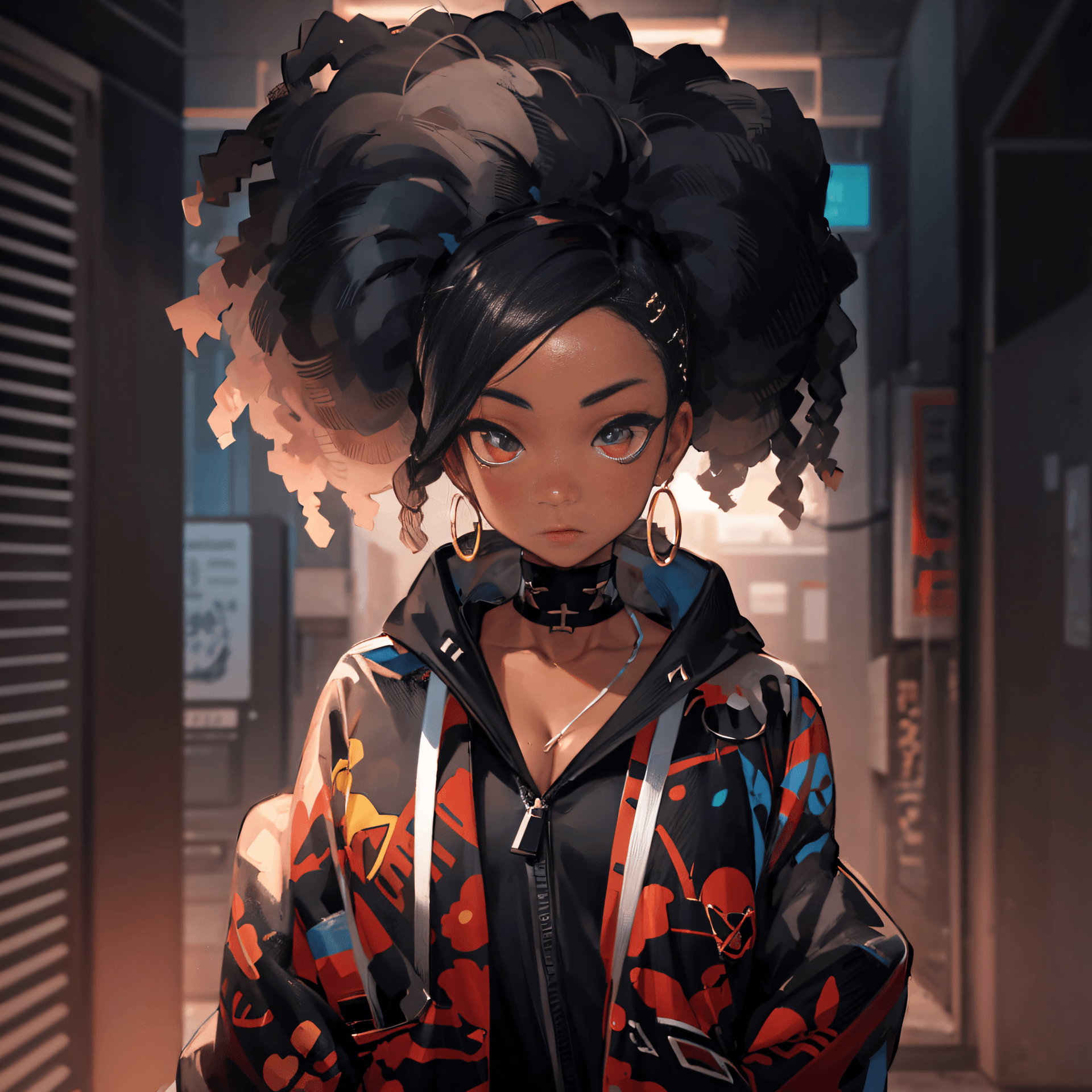 AI generated: a close up of a person with a jacket and earrings, black anime manga girl, afrofuturism anime, urban...