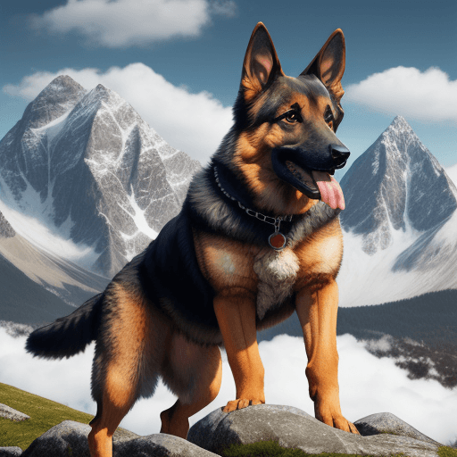 AI generated: german shepherd on an action pose, realistic, high dynamic range, mountain background