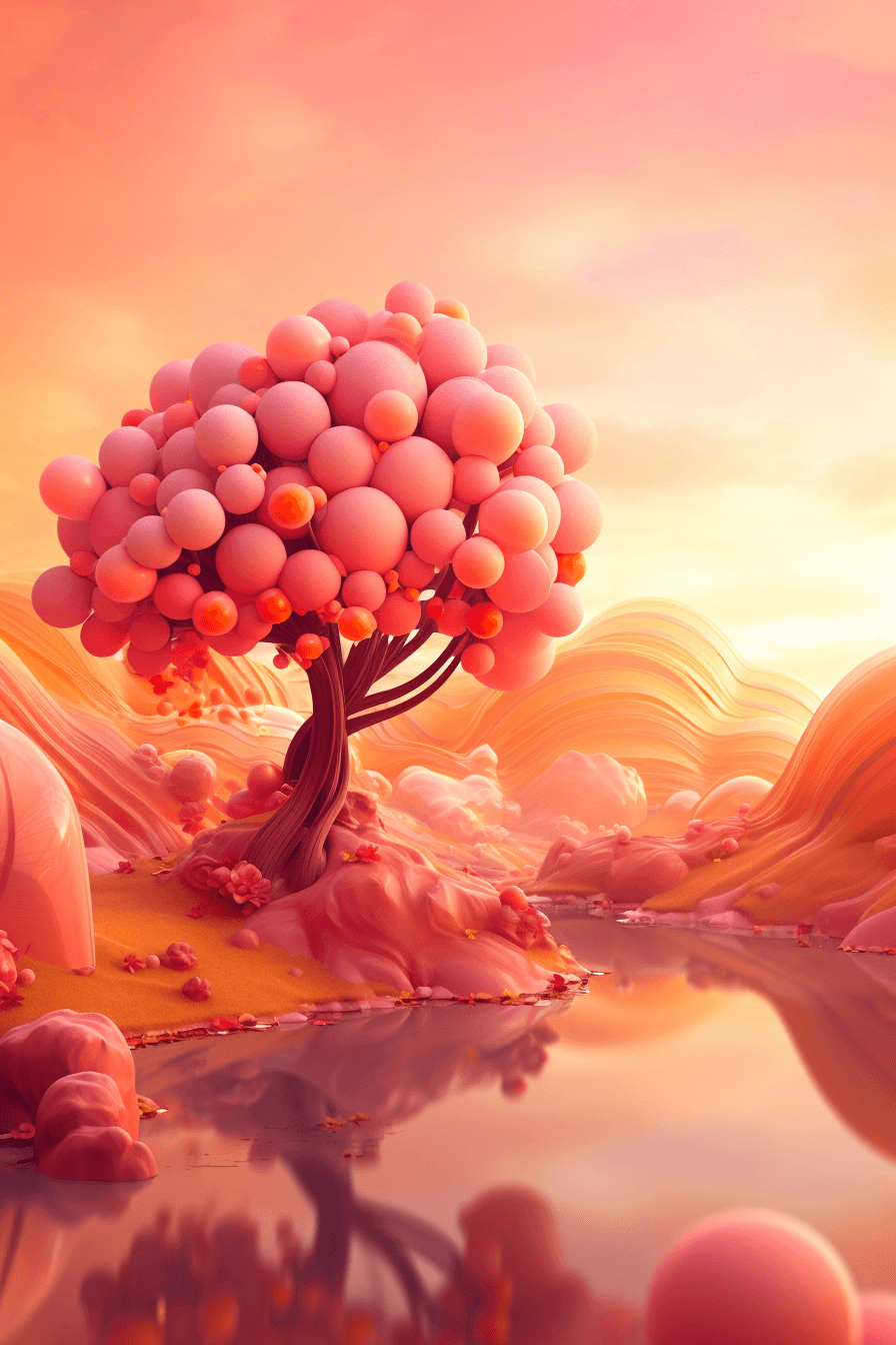AI generated: Whimsical landscape illustration, sweet peach, inspired by Newton-Fractal, orange, pink, yellow, ele...