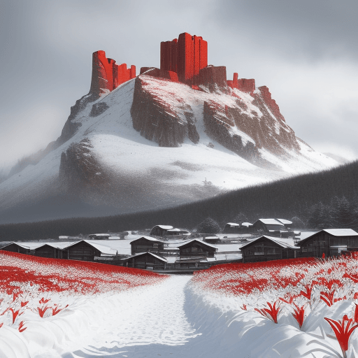 AI generated: Snow scenery, Snow road, blooming red lilies, two crumbled black towers in the distance, cloudy