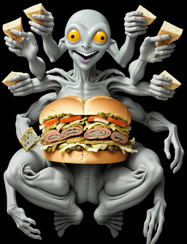 AI generated: A Grey Alien eating a large sandwich full of human arms, legs, fingers, heads, toes, torsos with Swi...