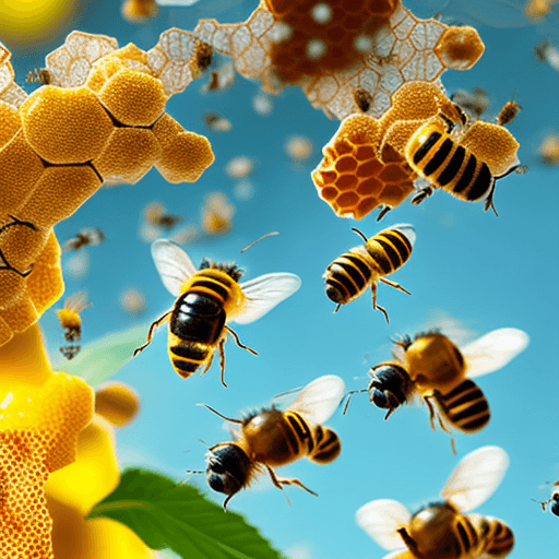 AI generated: High resolution photography, THC molecule covered in honey and bees flying aruond it
