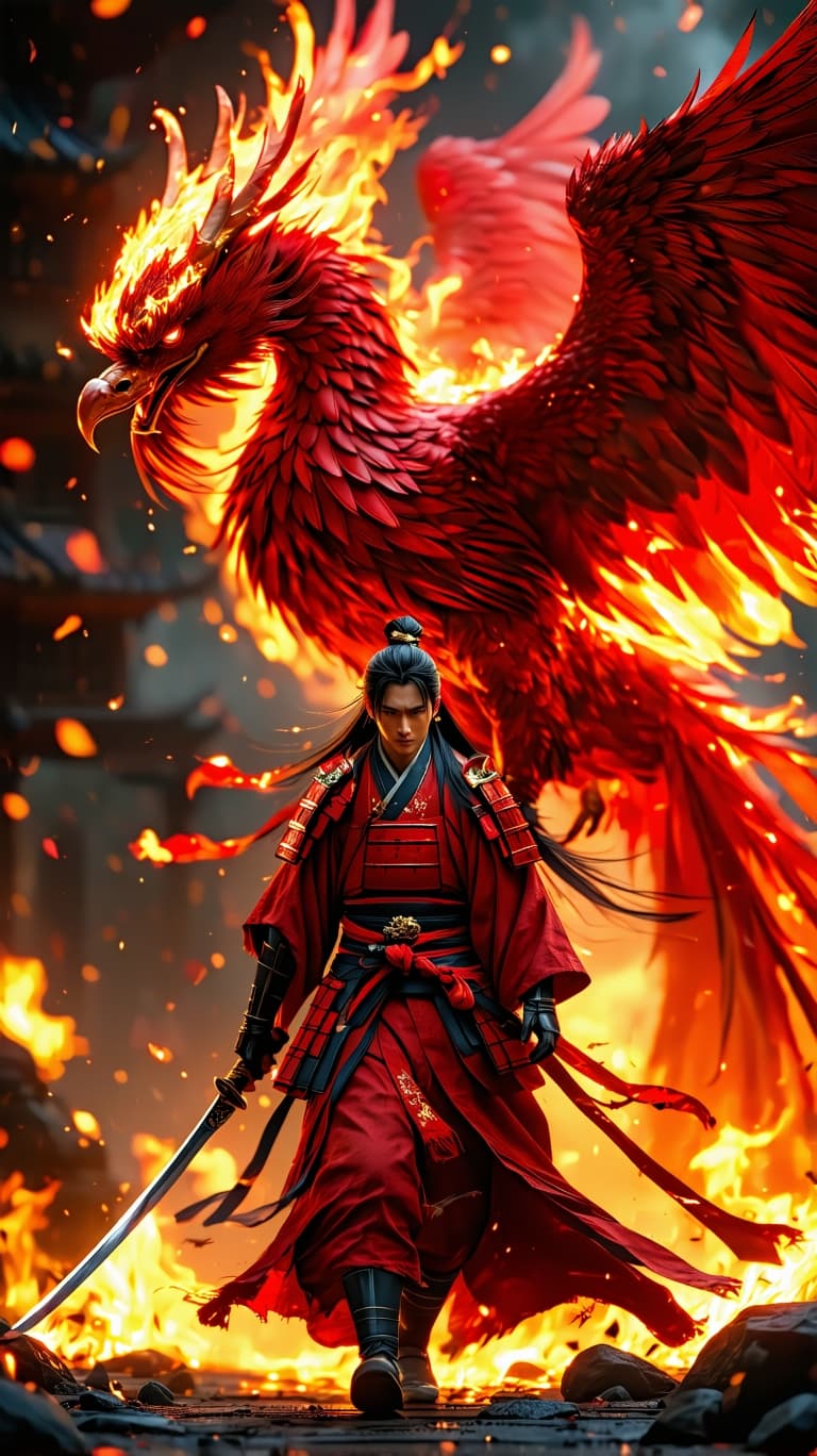 AI generated: 3D render hyper-realism, Ray tracing, unreal engine 5. A regal young Japanese samurai with long blac...