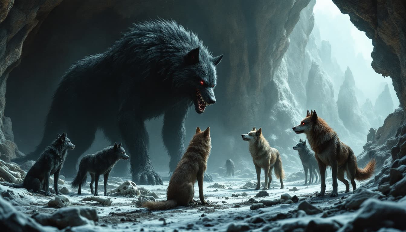 AI generated: 
Giant black wolf creature talking facing five wolves of different black, brown, and one reddish col...