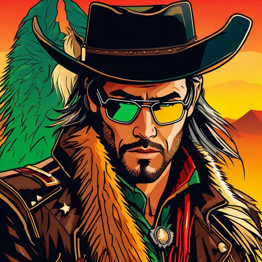 AI generated: A portrait of a Male Cowboy in a reggae Roots poster style, rugged, facial hair, vibrant colors, wea...