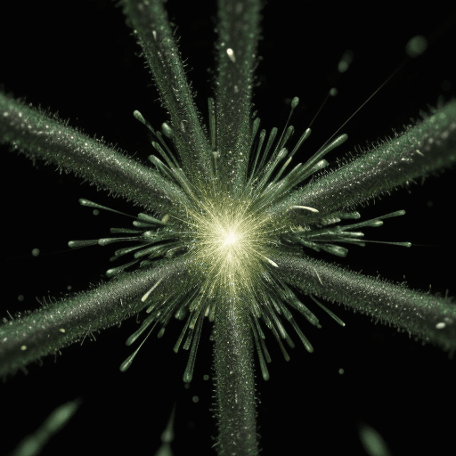 AI generated: Microscopic photograph of five humans and ten mites fighting into a drop, green colored sparks raini...