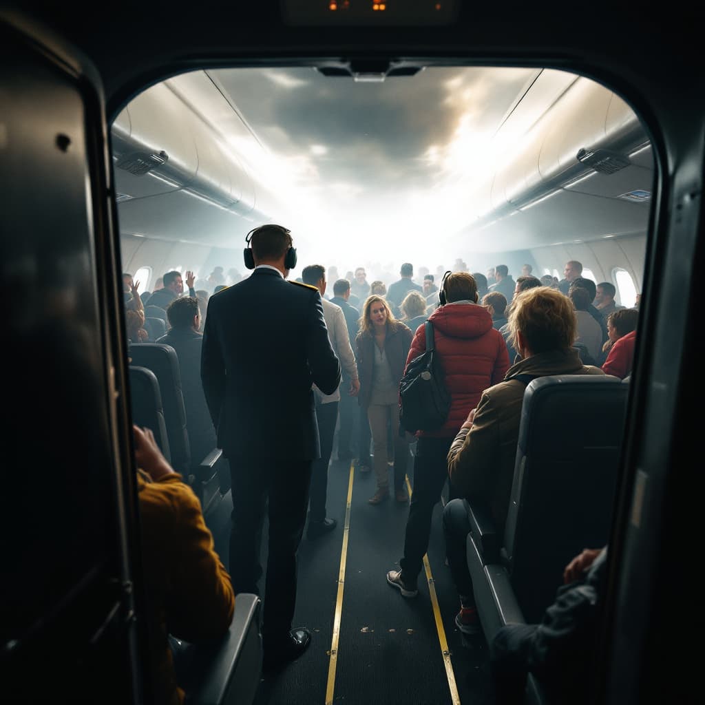 AI generated: "First-person view, looking through the cockpit door into the cabin where passengers are beginning t...