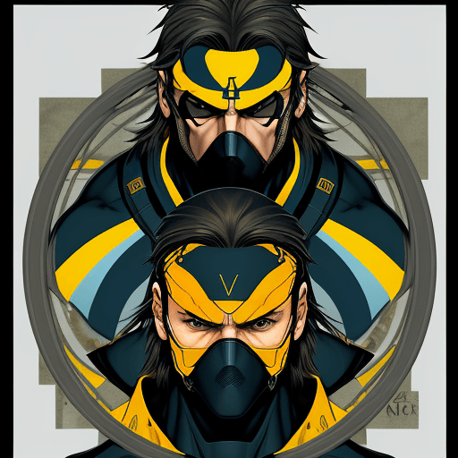 AI generated: Incredible digital linear poster of Metal Gear Solid ninja, symmetrical, sacred geometry, blue and y...
