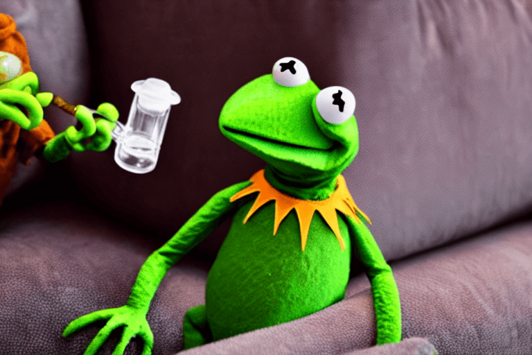 AI generated: candid photo of kermit the frog sitting on the couch hitting a bong, kermit the frog in ted ( 2 0 1 ...