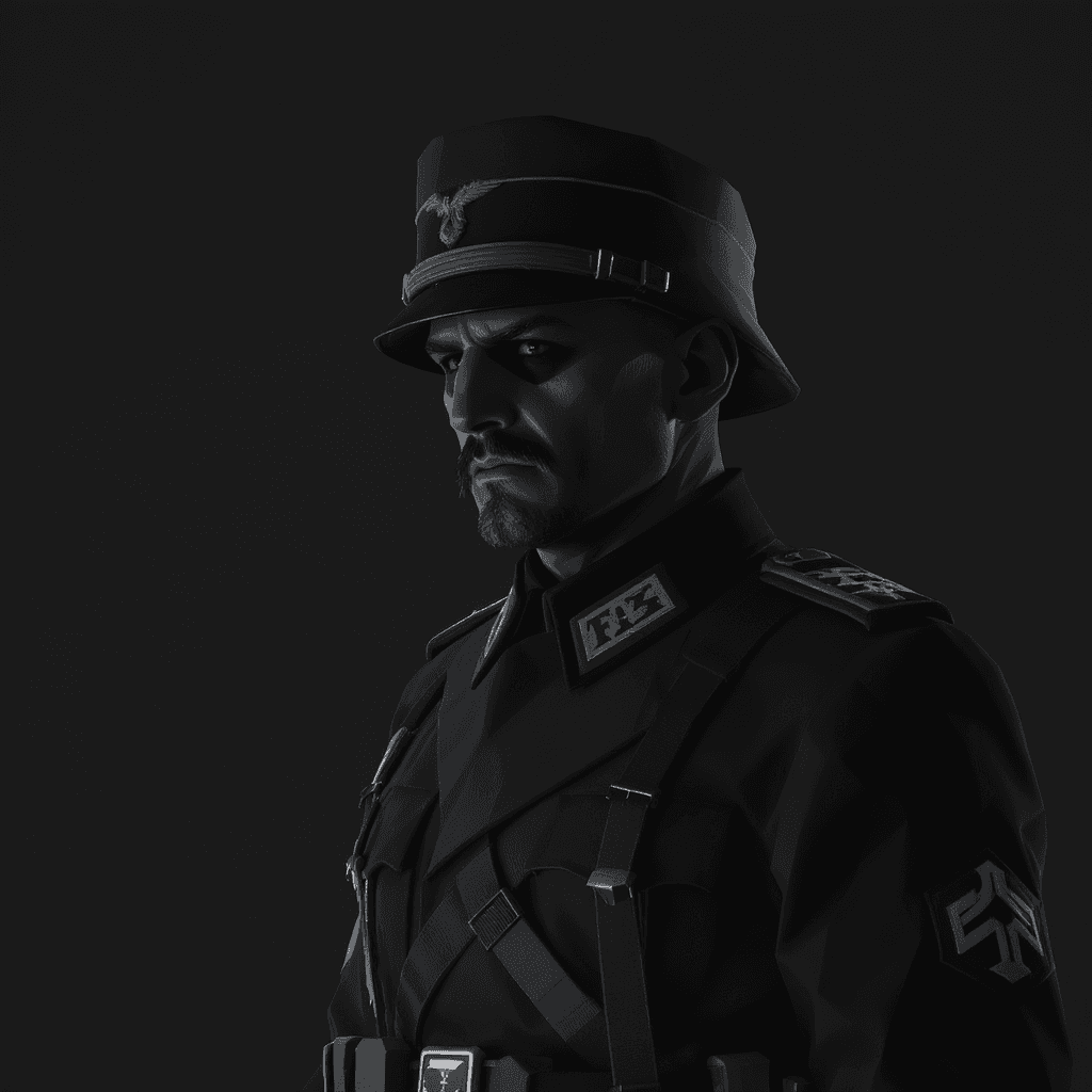 AI generated: A full-body, low-poly 3D-rendered digital image of [WW2 German sergeant in uniform, standing in shad...