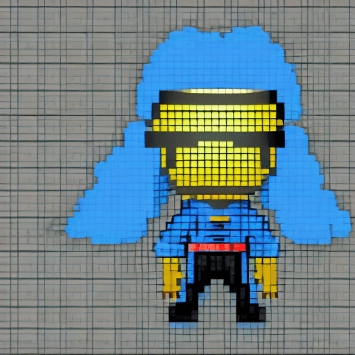 AI generated: simple 2d pixel art character with a daft punk helmet and blue cape, standing in a jungle, in the st...