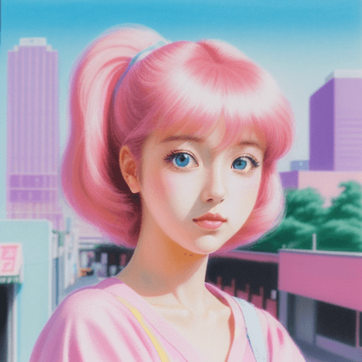 AI generated: girl anime 80`s city pop style,  pastel colors, handmade drawing, 