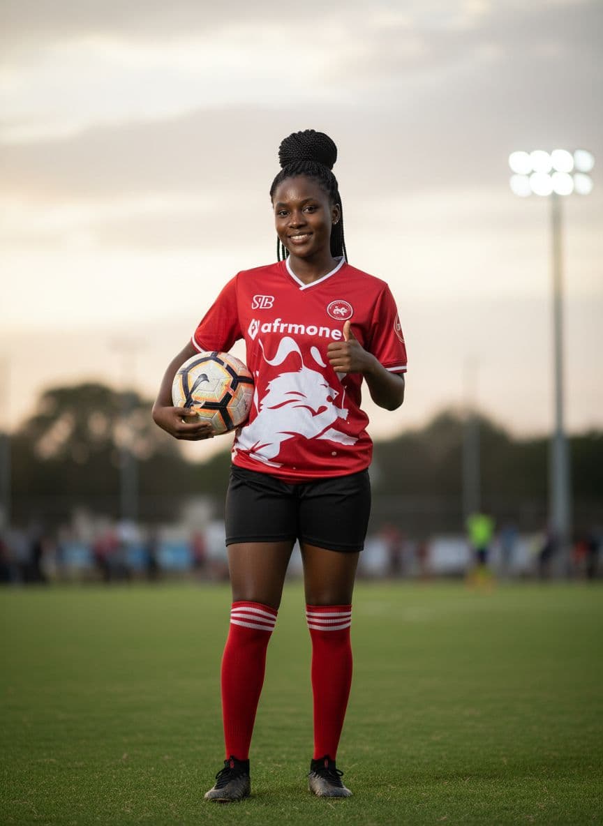AI generated: black african female wearing red socccer jersey 