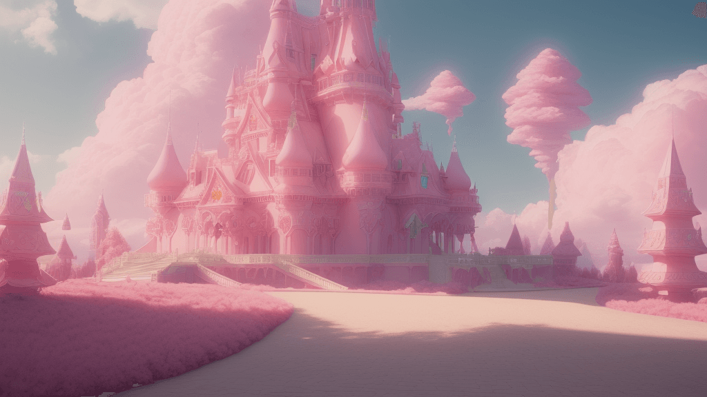AI generated: a path to a dream crystal pink castle, clouds like Marshmallow, the image is like beautiful dream, p...