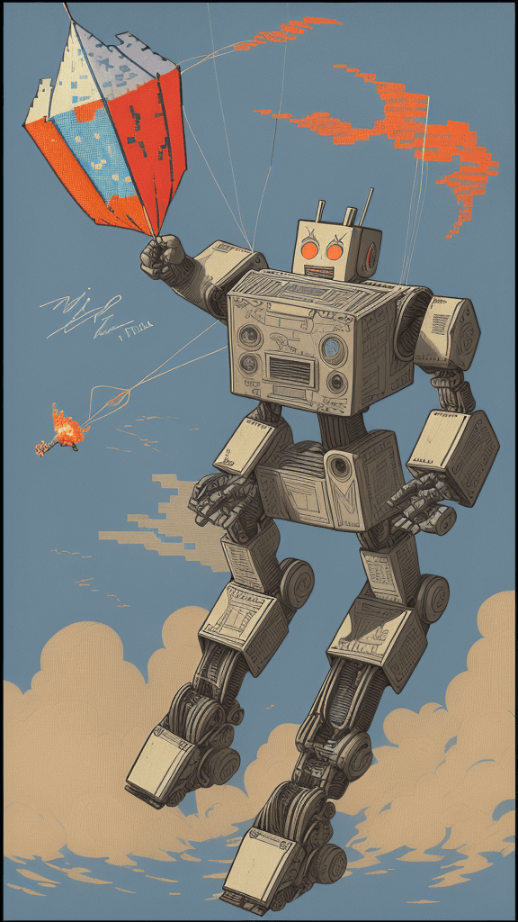 AI generated: multi-pixelated poster, signed "amf101fma", a digital woodblock illustration of a robot flying a kit...