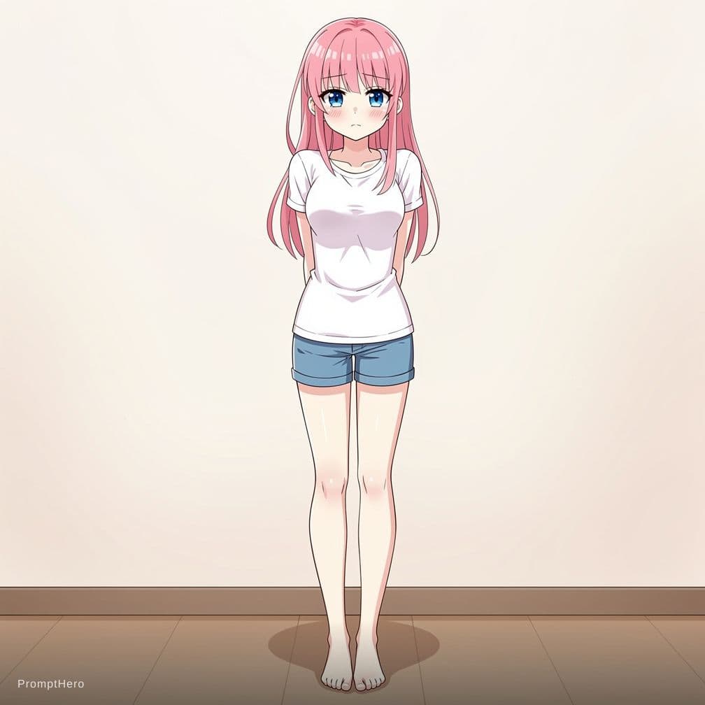 AI generated: anime, woman, pink hair, long hair, blue eyes, white t shirt, tight t shirt, blue shorts, bare feet,...