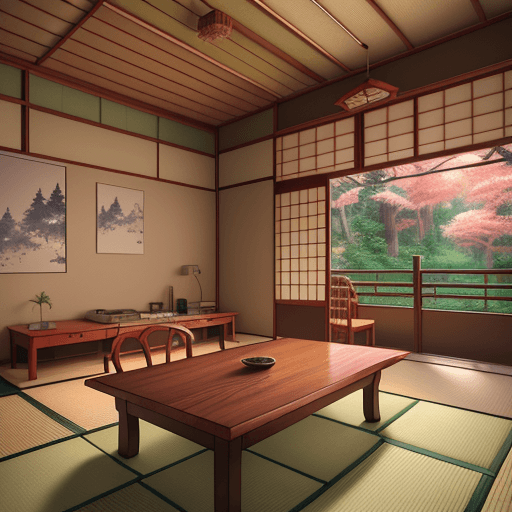 AI generated: anime illustration small house with simple furnitures in the morning with background forest, japanes...