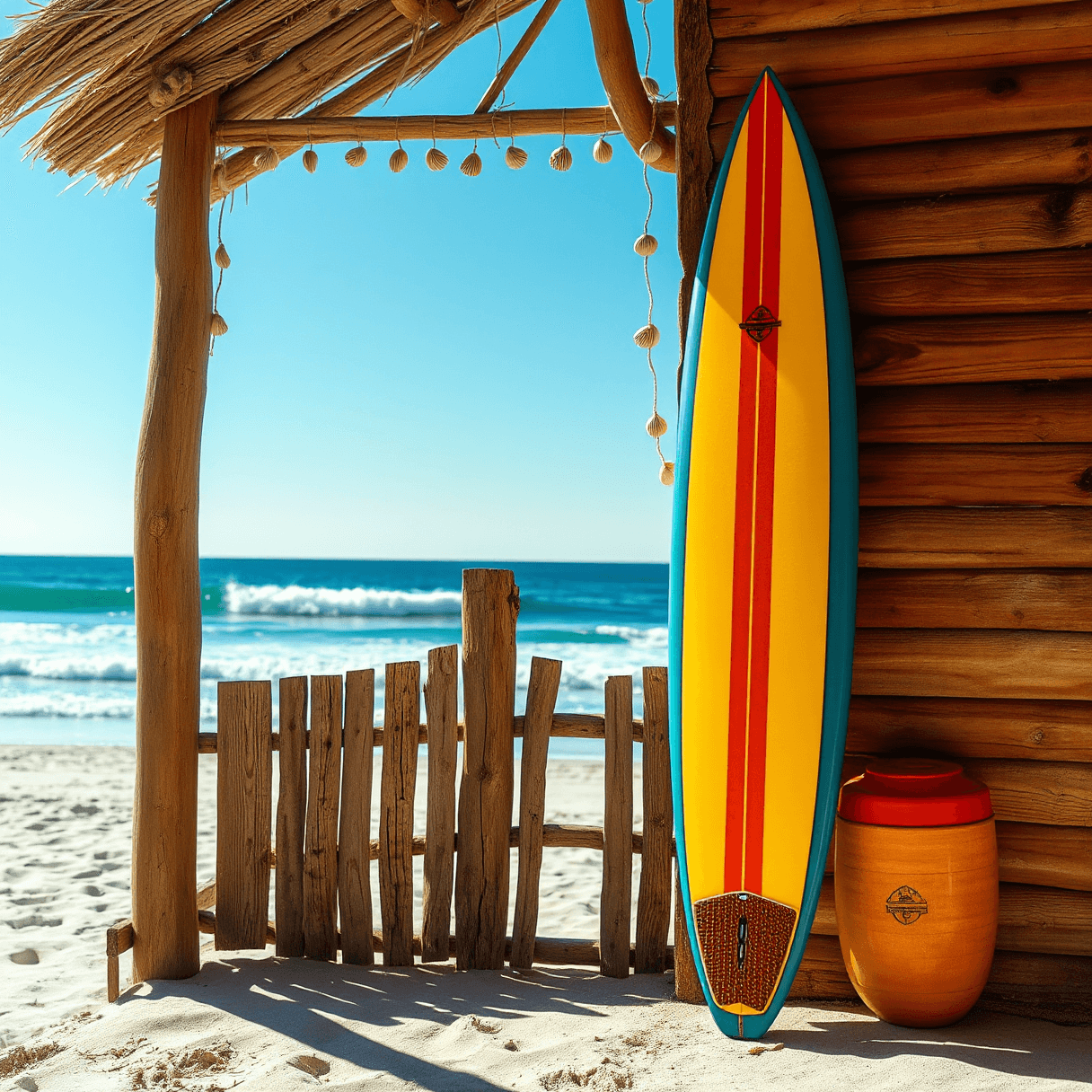 AI generated: A beautifully crafted surfboard with a sleek design and vibrant colors leans against the rustic wood...