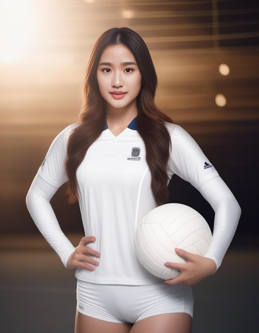 AI generated: gorgeous females dressed as volleyball player, attractive, flirting, looking at viewer, photography,...