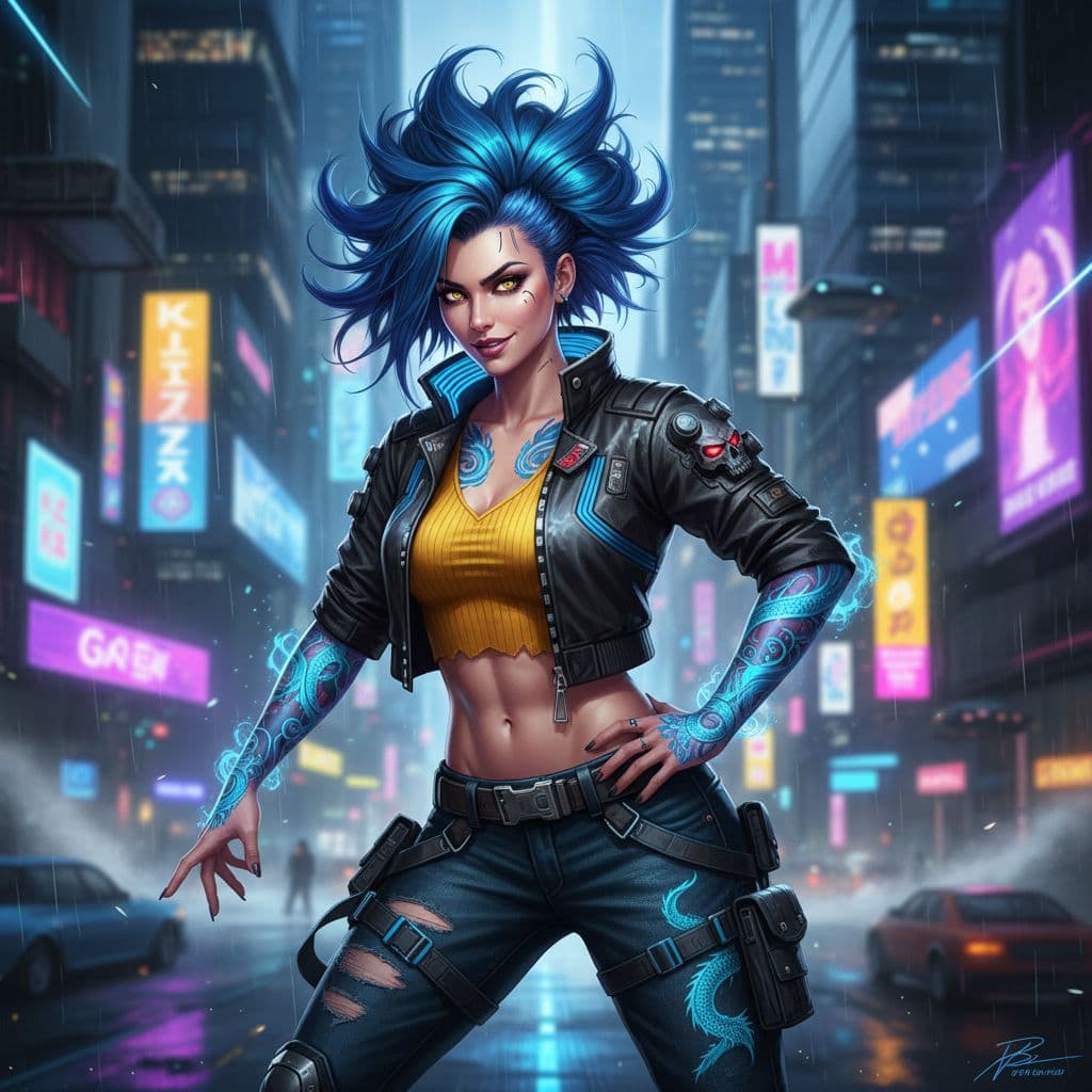 AI generated: A vibrant cyberpunk woman with wild blue hair and striking yellow eyes, wearing a black leather jack...