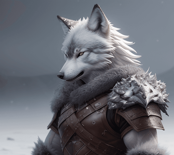 AI generated: On a snowy field, there is an animal fierce looking wolf warrior character, anthropomorphic figure, ...
