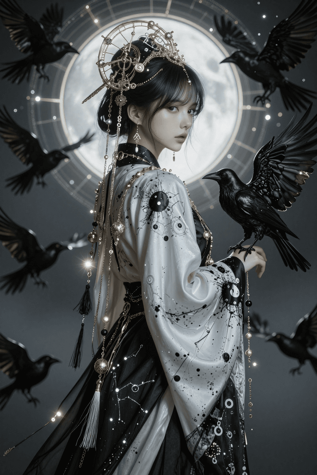 AI generated: A detailed, photorealistic, cinematic vertical medium-full shot of a mystical young woman dressed in...