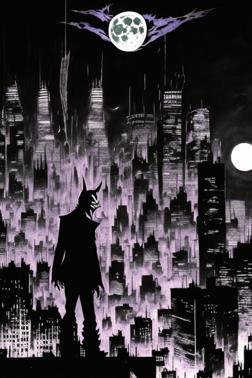 AI generated: the joker, background Gotham city, full moon, tall buildings with lights, spotlight sends bat-signal...
