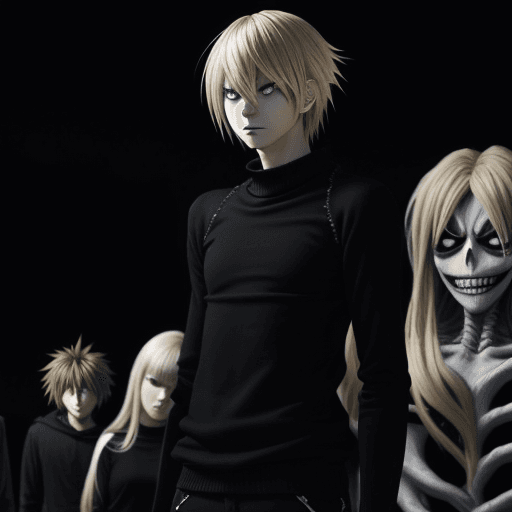 AI generated: Ryuk from death note with long bangs and shoulder-length blond hair stands in the foreground of the ...