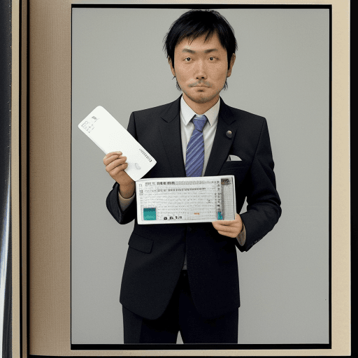 AI generated: A passport photo of a 40-year-old Japanese man wearing a suit, holding up and showing his driver's l...