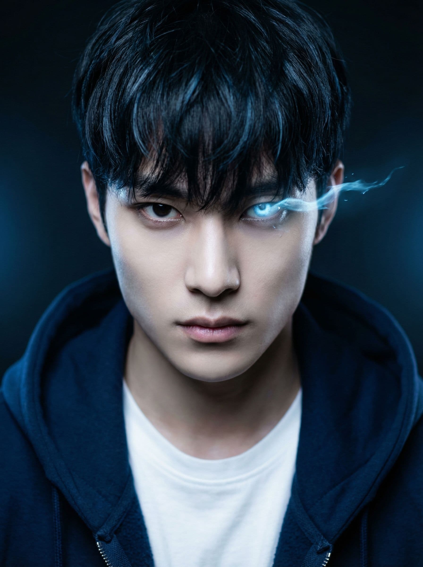 AI generated: A photo-realistic portrait of Sung Jin-Woo from Solo Leveling, looking intensely at the viewer with ...