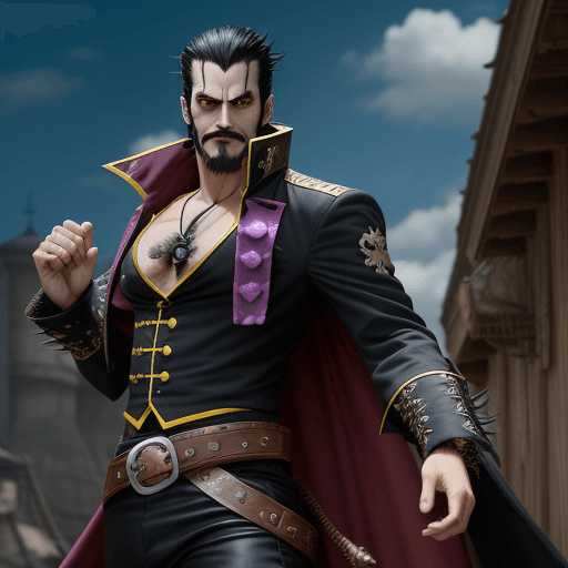 AI generated: Action movie view, legendary pirate Mihawk Dracule Hawkeye, a tall lean man, black hair, a short bea...