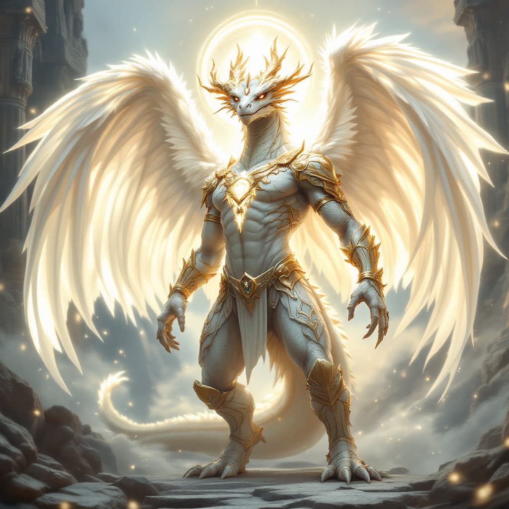 AI generated: A majestic and powerful humanoid mythical creature with a dragon head, featuring smooth, elegant sca...