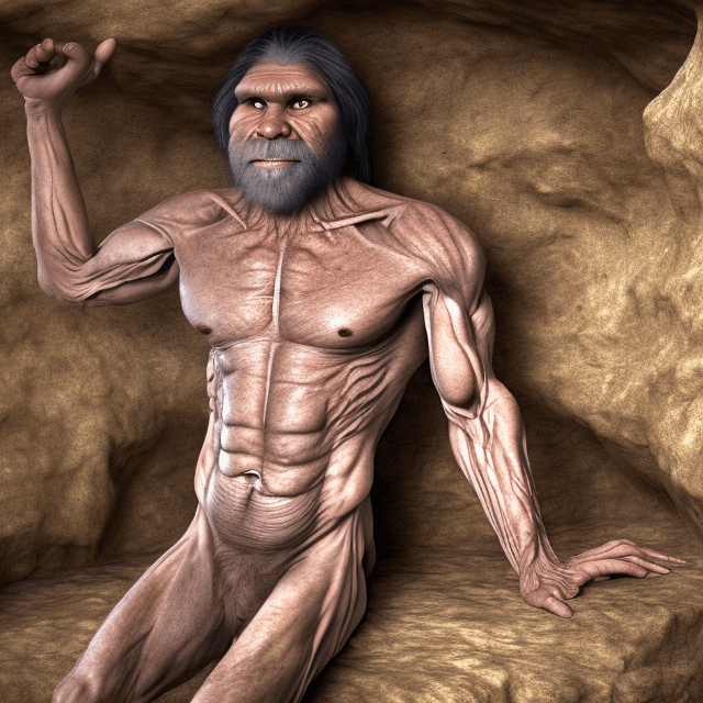 AI generated: the whole body of a very old prehistoric caveman sitting in a prehistoric cave, thinking, frontal vi...