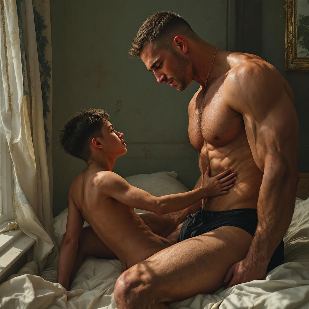 AI generated: A realistic image/porn scene. NSFW gay. 2 men having sex: a super tall man and a very short boy. The...