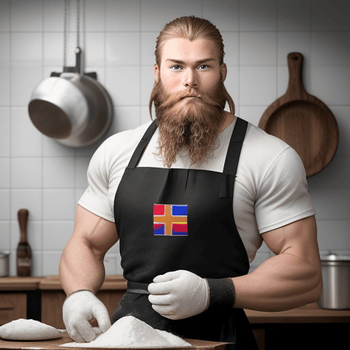 AI generated: A raw photograph of a dark blond, 23-year-old muscular man with a beard in a kitchen setting, lookin...
