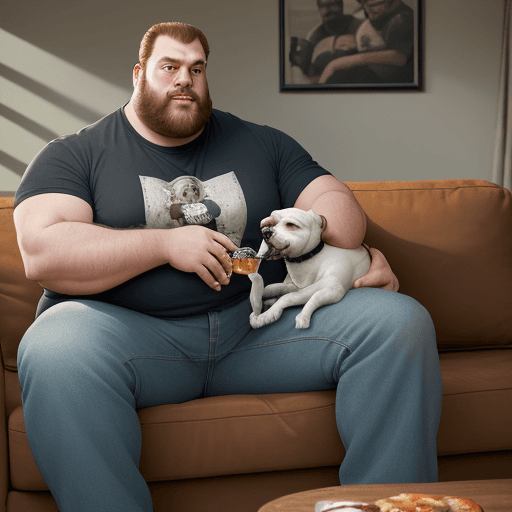 AI generated: Portrait of a big hairless man wearing jeans and a t shirt sitting on a sofa with his little dog in ...