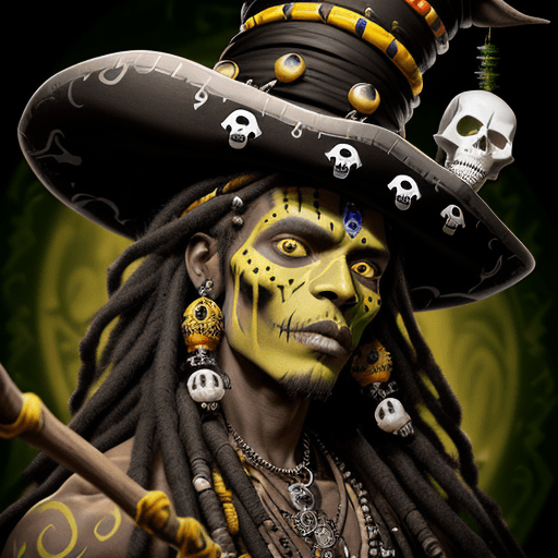 AI generated: Exotic male witch doctor, pirates of the Caribbean style witch doctor, brown skin, witch doctor clot...