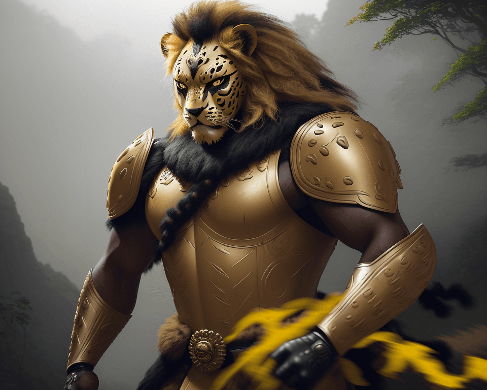 AI generated: jaguar warrior with a wooden mask of yellow, black and a hint of red, in a combat suit made of abund...