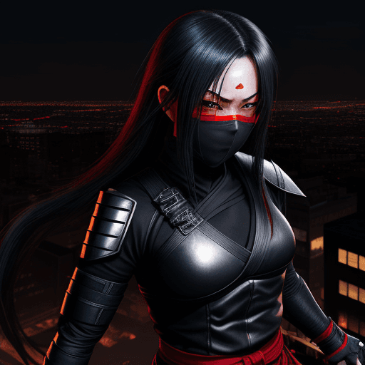 AI generated: Female shinobi, City Rooftop Shot, masked, visible long black hair, with katana, dark Suit with leat...
