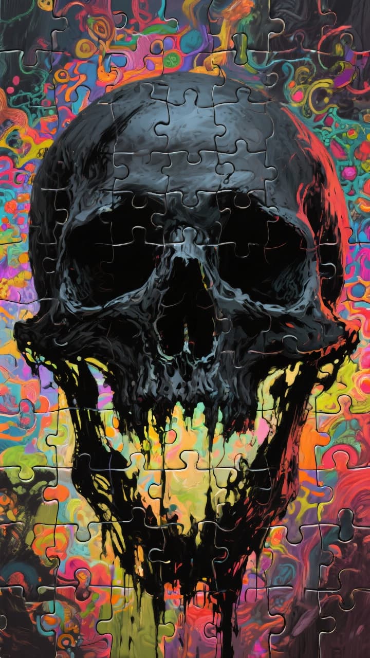 AI generated: (Black brushstrokes forming a skull on a puzlle:1.2) background, with vibrant colors and intricate d...