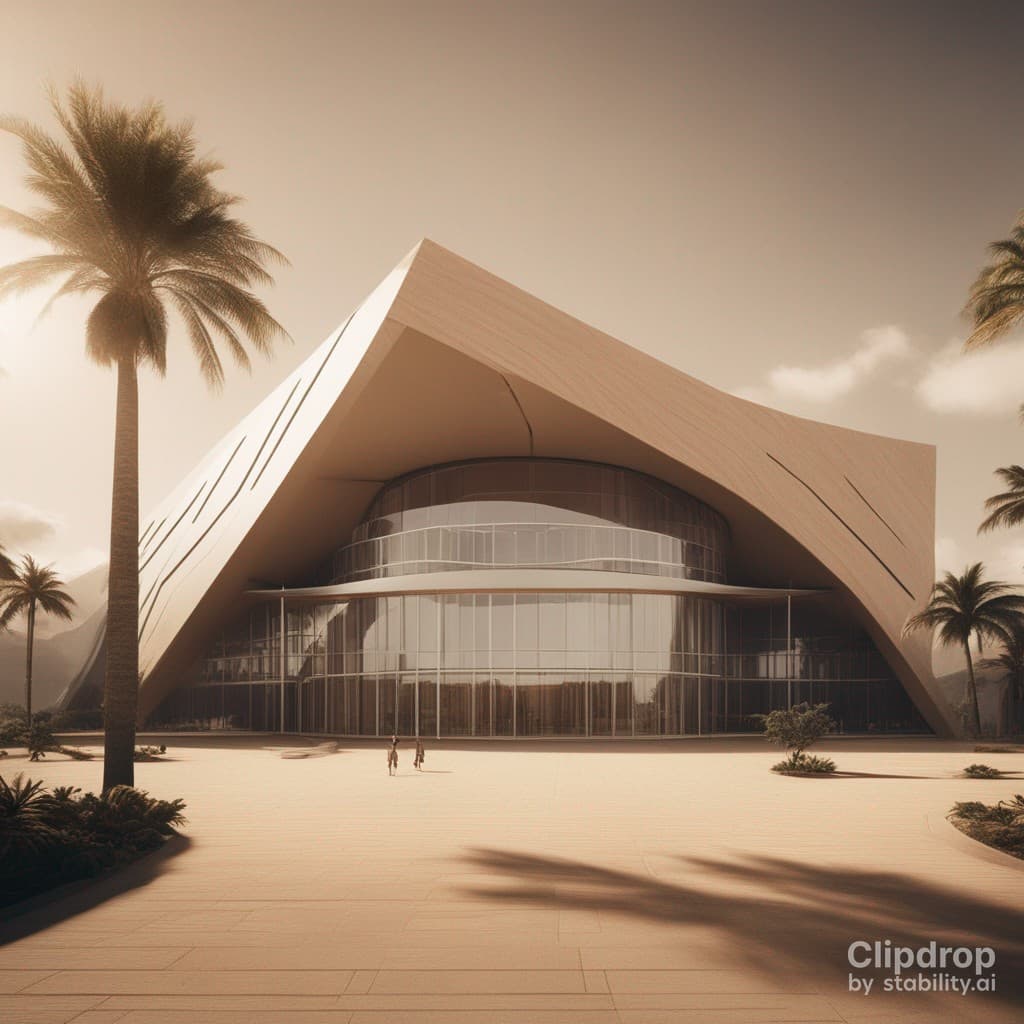 AI generated: Stylish whole modern building design in hieroglyphics patterns:: ultra modern::1 tropical::1.6 techn...
