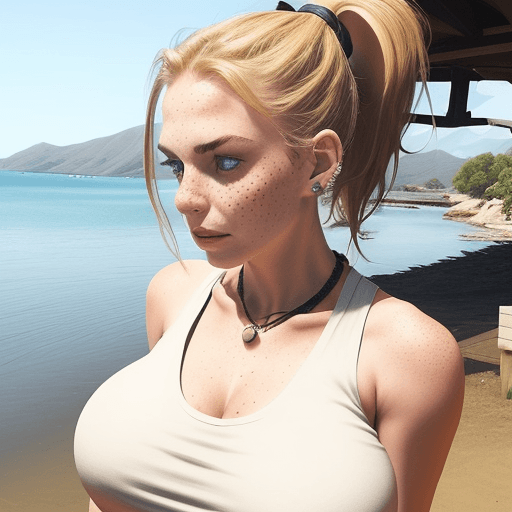 AI generated: Girl with big boobs, wearing tank top, ponytail, freckles, jewellery, snapchat photo circa 2015